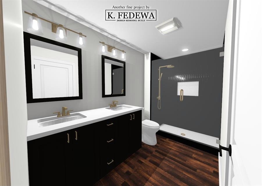 Perrinton, MI Basement Bathroom Remodel Rendering from K Fedewa Builders with a dark wood vanity containing dual sinks, two wall-mounted mirrors, a toilet, dark wood floors, and a large walk-in shower.