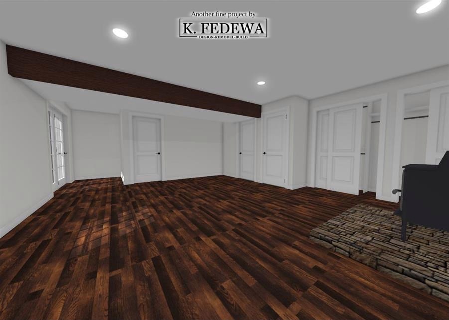 Perrinton, MI Basement Remodel Rendering from K Fedewa Builders with dark wood floors and white walls.