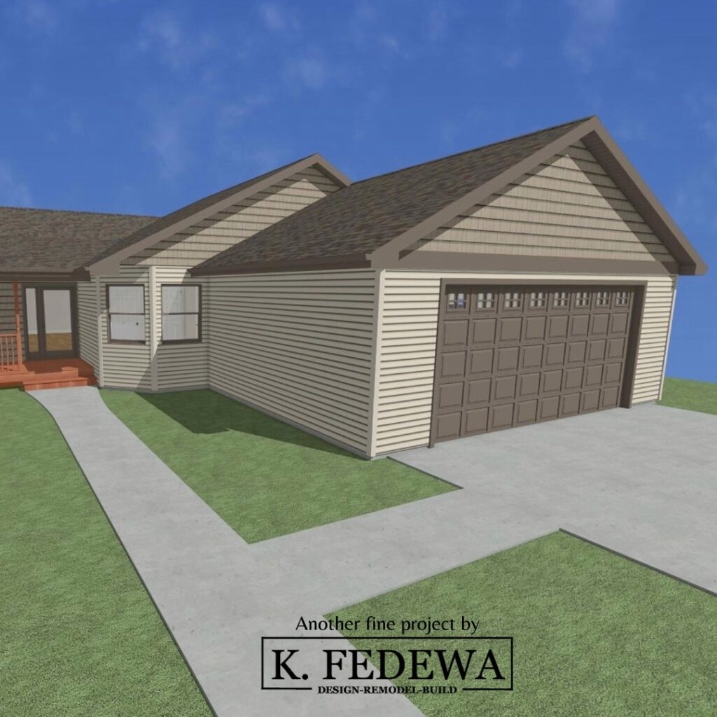 Rendering of a new two-car garage on a house from K. Fedewa Builders.