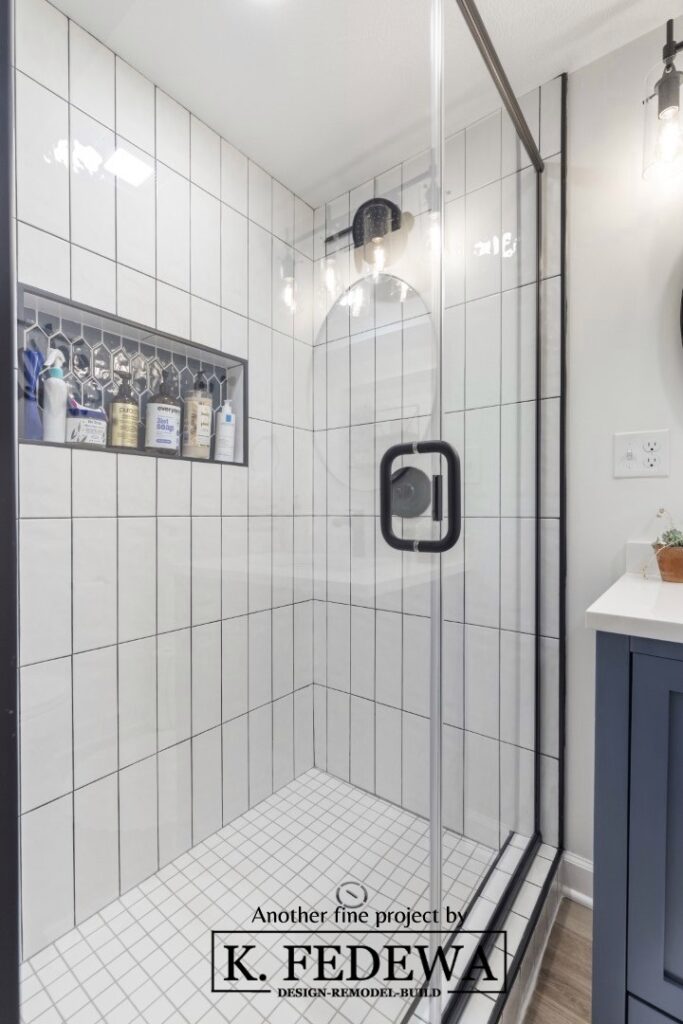 Stunning new white shower with black framing.