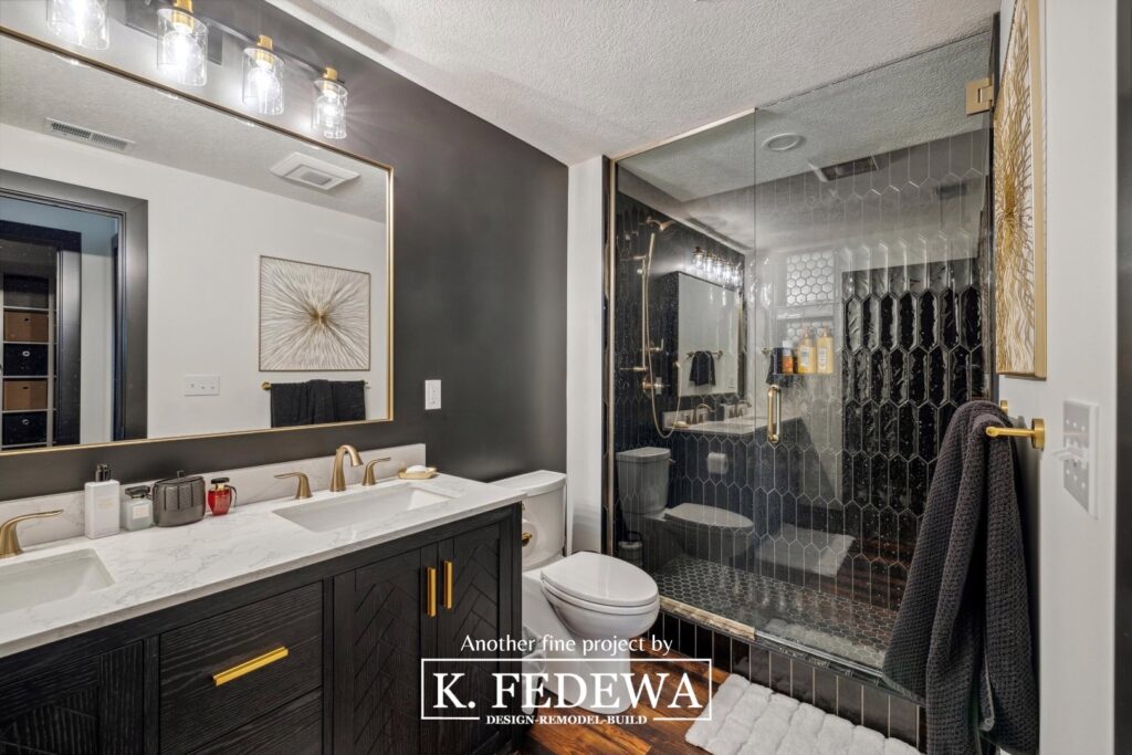 Incredible black, white, and grey bathroom in Perrinton, MI basement remodel.