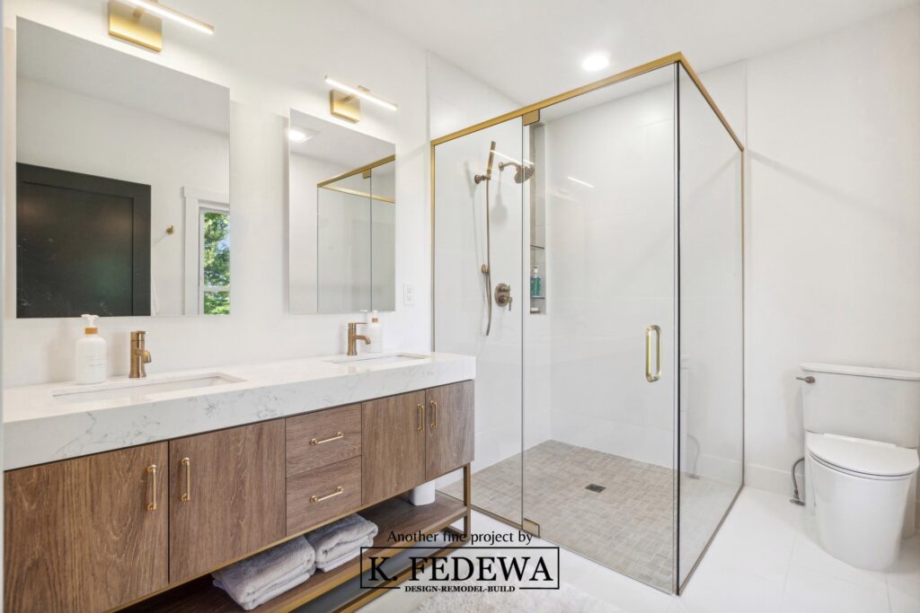 Gorgeous white, gold, and wood bathroom addition in St. Johns home makeover.